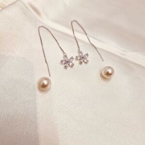Korean Floral Design Faux Pearl Drop Dangle Trendy Fashion earrings Set 2.5"